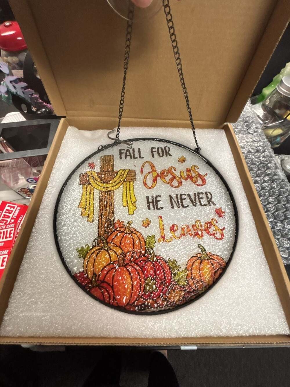 Fall For Jesus He Never Leaves Pumpkins Cross Stained Glass Suncatcher